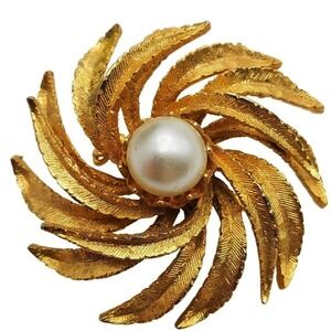 Brushed Gold Tone Sunburst Brooch Pearl Pinwheel Pin Fireworks Mid Century Style